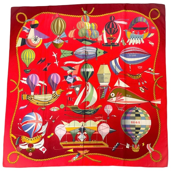 HERMES RED LES FOLIES DU CIEL PRINT SQUARE SILK TWILL SCARF - Picture 1 of 10